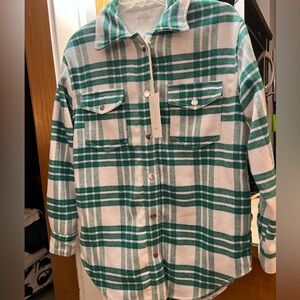 NWT Joie oversized Shacket Revolve Wool blend green cream plaid button flannel S